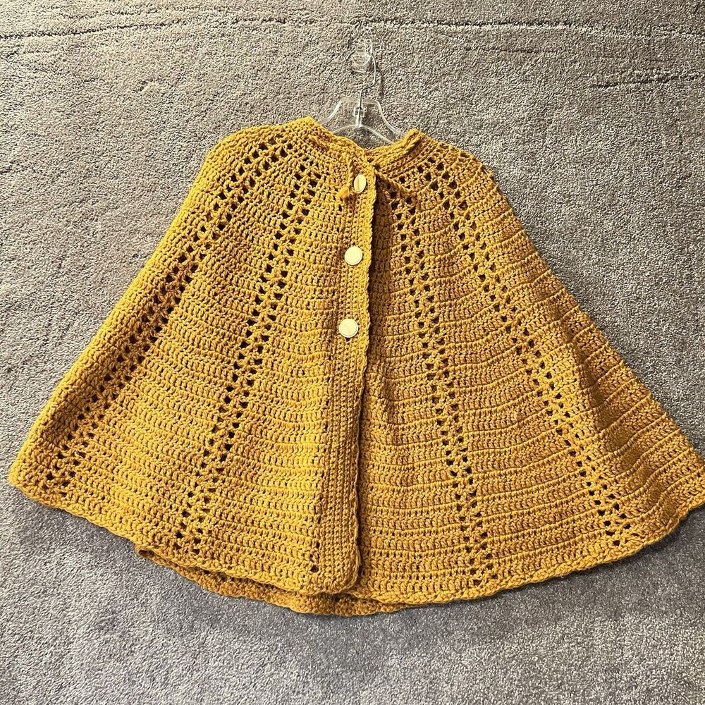 Vintage Handmade Crochet Poncho Cape Mustard Gold Yellow Button Front Shawl Wrap